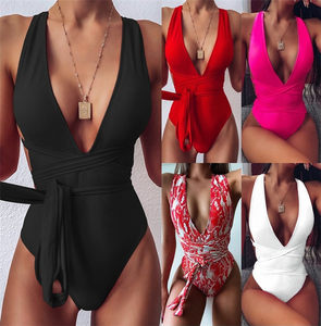 The new conjoined swimsuit beach V -neck pure color integrated swimsuit Europe and the United States without sleeve strap sexy Bikiki sale

