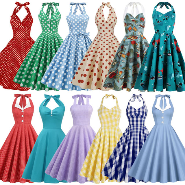 Retro era halter neck polka dot dress backless waist sling printed holiday mid-length skirt summer show