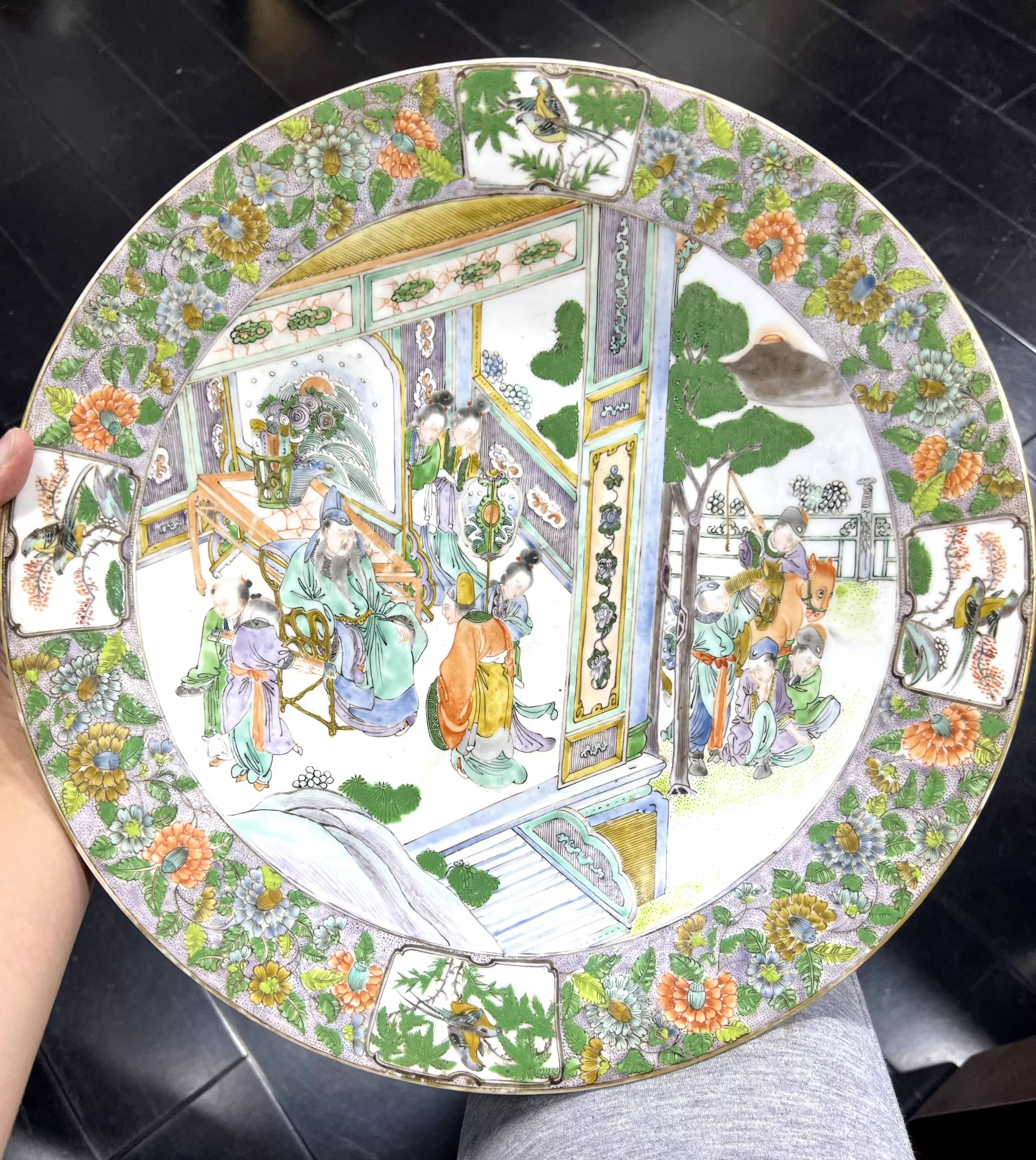 清咸丰广五彩人物故事纹特大盘古董古玩古瓷收藏包老保真粉彩瓷