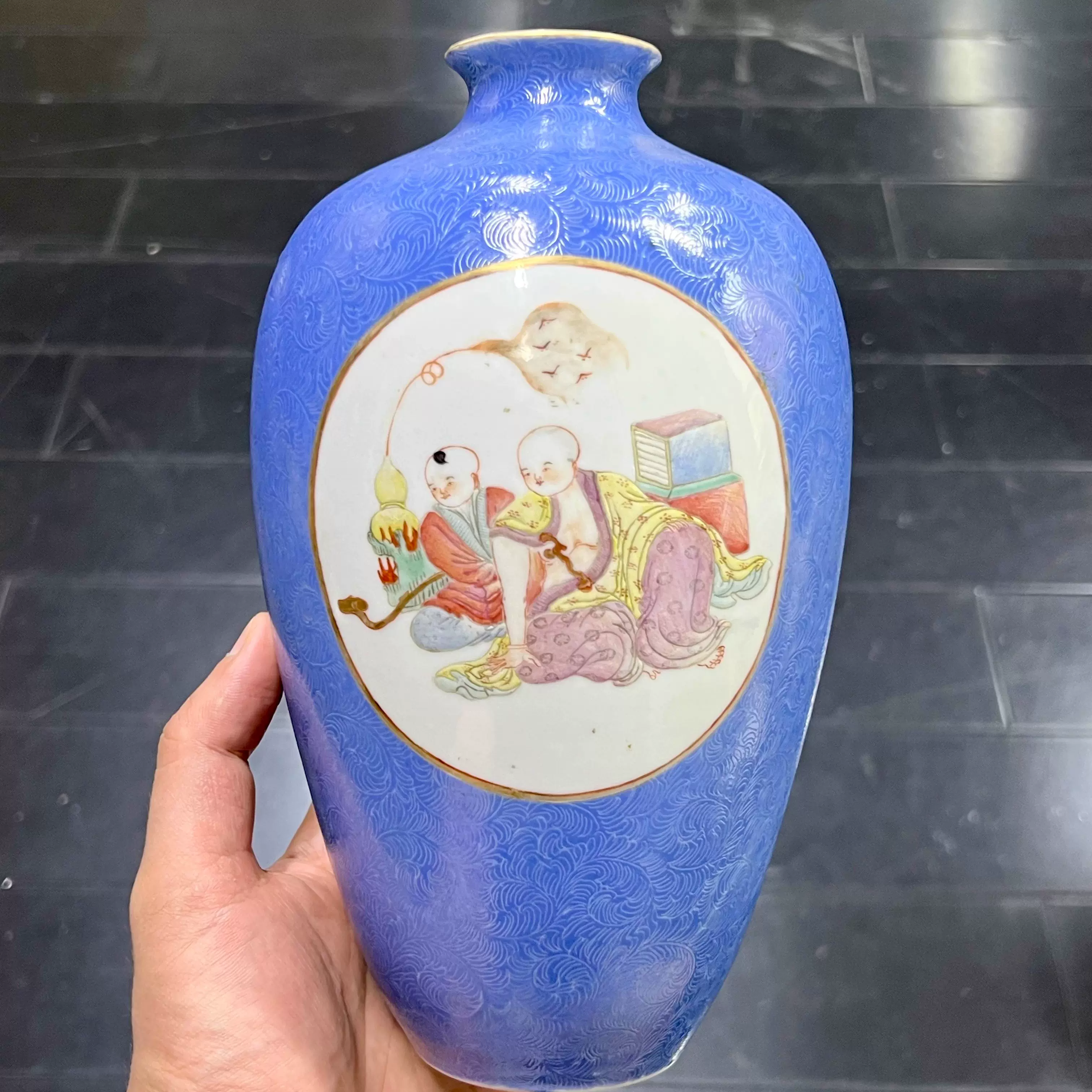 晚清精品黄地粉彩堆塑博古杂宝纹四方倭角帽筒古董古玩古瓷器