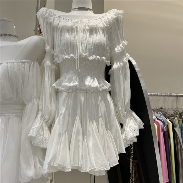 French gentle ruffled lace folded white shirt 2023 spring lace-up one-length off-shoulder hottie top