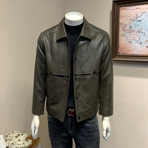 
2025 autumn and winter new Japanese retro lapel PU leather jacket for men's business casual motorcycle leather jacket trend