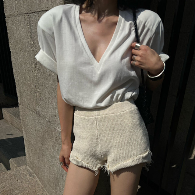 V-neck short-sleeved T-shirt for women 2025 new summer fashion Korean ...