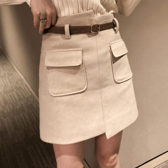 2023 Autumn and Winter New High Waist Belted Black Woolen Skirt Short Skirt Women's Chic Hip Bottoming A-Line Skirt Trendy
