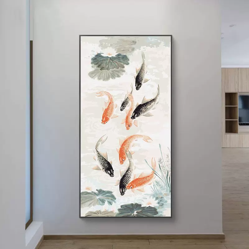 数字油画玄关丙烯治愈装饰九鱼聚财填充油彩画diy手工中国
