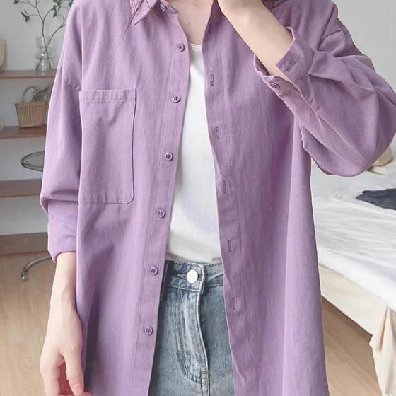 
100% pure cotton long-sleeved shirt for women 2025 new loose shirt cardigan jacket top layered thin sun protection
