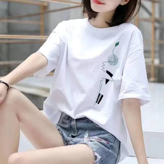
(30% off at counters) 100% pure cotton summer new style short-sleeved T-shirt women's loose and versatile bottoming shirt round neck top