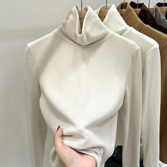 Double -sided vungle high -necked bottom shirt female autumn and winter new slim top -fitting warm -up, warm inner with velvet long -sleeved T -shirt
