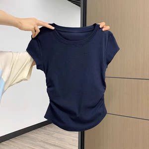 
Right shoulder round neck short-sleeved T-shirt for women summer new hot girl slimming pleated waist slimming versatile solid color ins top