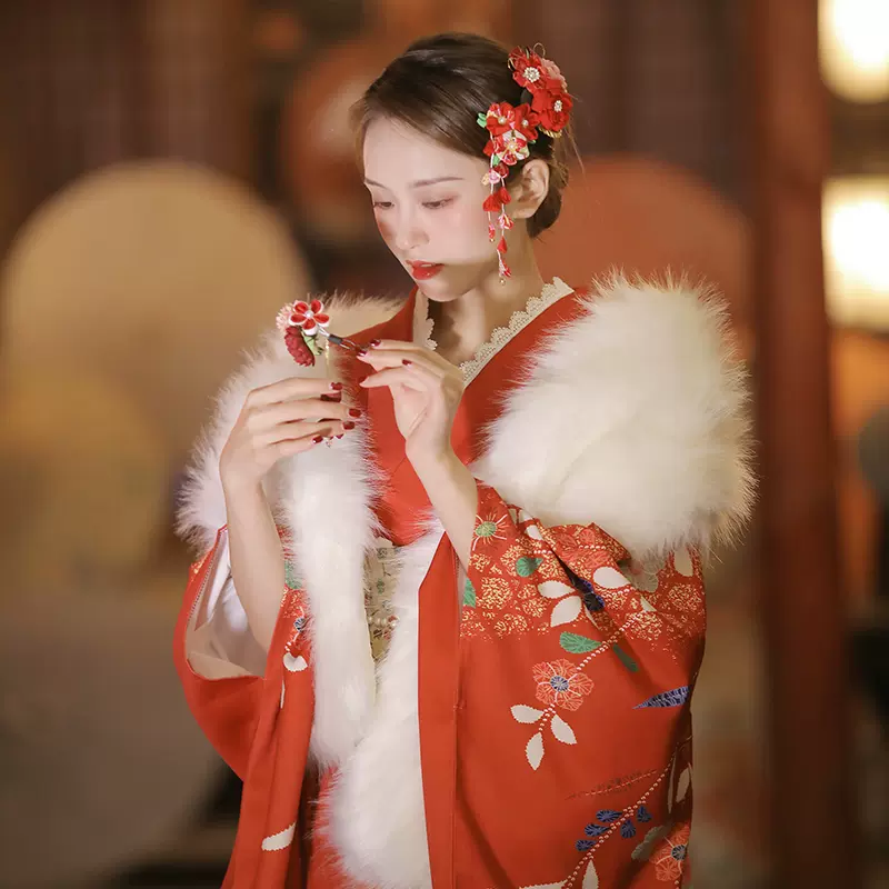 山鸟和色日式和风改良和服摄影旅拍写真少女复古振袖红色蝴蝶柄-Taobao