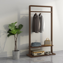 Modern Simple Floor-Standing Coat Rack Made of Walnut Wood for Home Use in the Bedroom, with Hooks and Wheels for Hanging Clothes and Storage