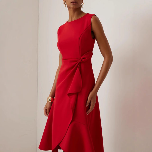 a172025 European and American independent station sleeveless red temperament dress dress round neck