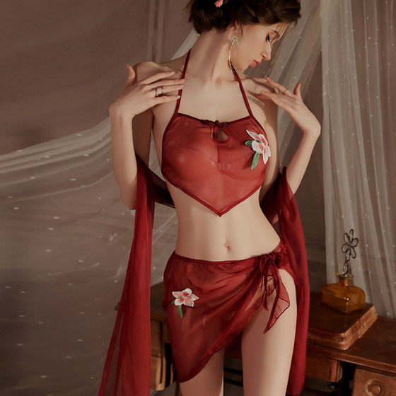 Sexy pajamas women Hanfu role-playing ancient style bellyband mesh suit perspective qqny Chinese style couple underwear
