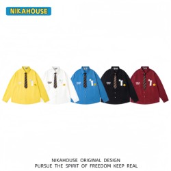 Nikahouse Four Seasons Dopamine Brooch Flower Embroidery Long Sleeve Shirt College Style Loose Couple Bf Shirt