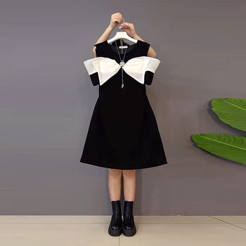 
Large size women's round neck braided bow off-shoulder dress