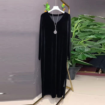 
Large size women's V-neck long-sleeved velvet dress Fat sister versatile simple loose slim and pure bottoming skirt