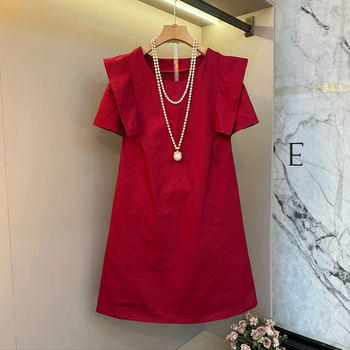 Large size women's lotus leaf shoulder short-sleeved dress