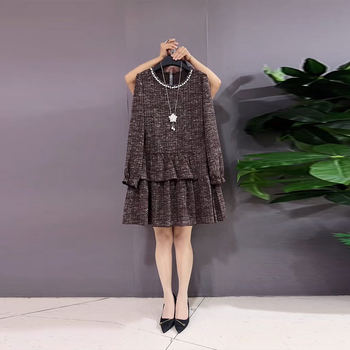 Extra fat bright diamond collar long sleeve waist knitted skirt