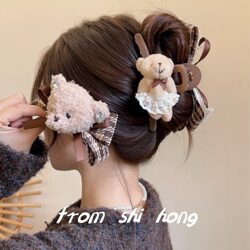 Cartoon Fabric Bear Hair Clip New Autumn and Winter Plaid Bow Hair Accessory Shark Clip Back of the Head Hair Clip Hair Accessory