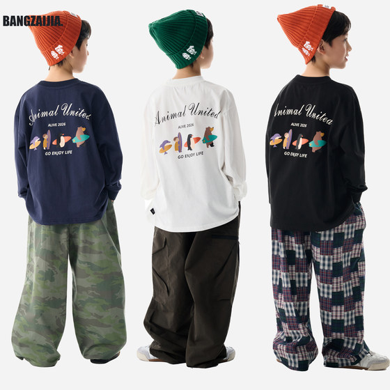 
Children's clothing new style children's American fun surf print cartoon versatile long-sleeved T-shirt for boys and girls loose bottoming shirt