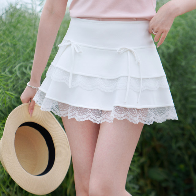 ATAR2025 Summer Women's Sweet Lace Spliced ​​Skirt High Waist Anti-Exposed Bow Cake Short Skirt
