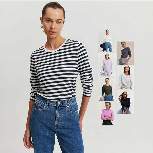 Australian cotton, fitted, versatile, comfortable, classic curved hem round neck long sleeve T-shirt multi-color