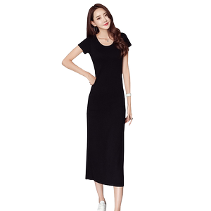 
Simple and elegant style black modal dress for women summer V-neck short-sleeved slim over-the-knee long skirt with slit one-step skirt