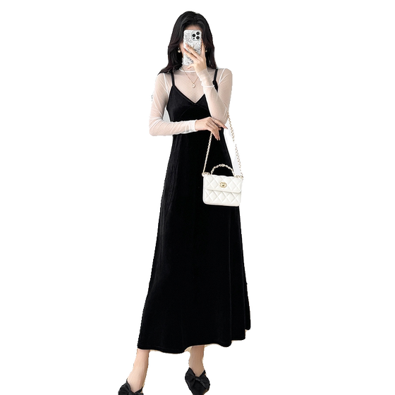 
Black gold velvet V-neck suspender skirt for women 2025 autumn new high-waist slim versatile dress a-line long skirt
