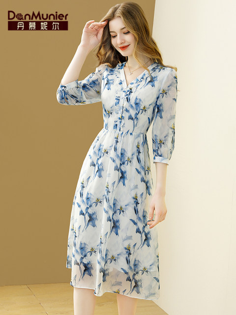 Danmunier French printed chiffon dress for women 2025 summer new style 700-quarter sleeve temperament waist-hugging A-line skirt
