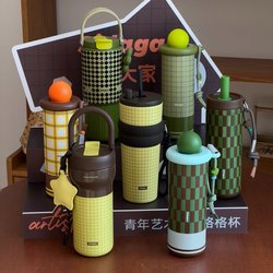 Big Artist Mini Insulated Cup Portable Women's Car Straw Cup Large Capacity Stainless Steel Plaid Water Cup