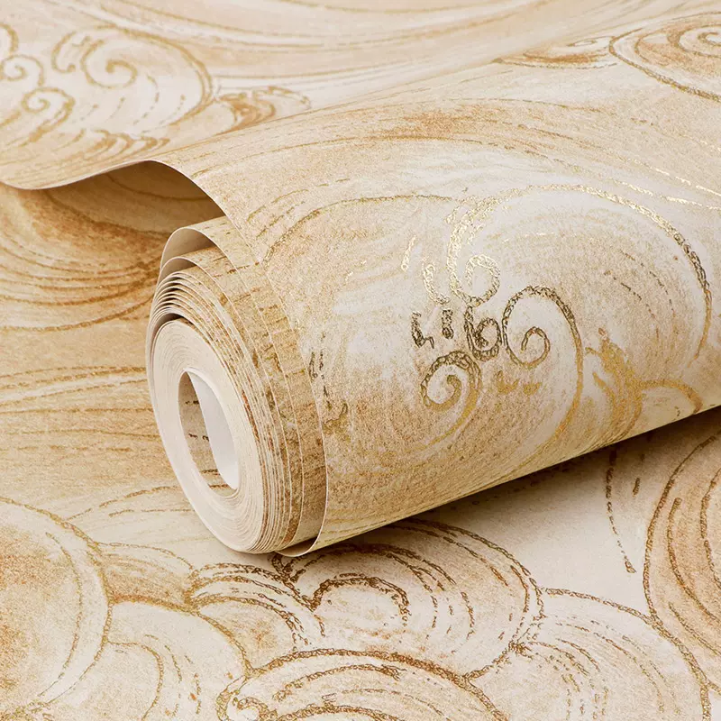 3d立体金色黄色海浪中式壁纸紫色祥云日式客厅卧室背景墙纸高级感 Taobao