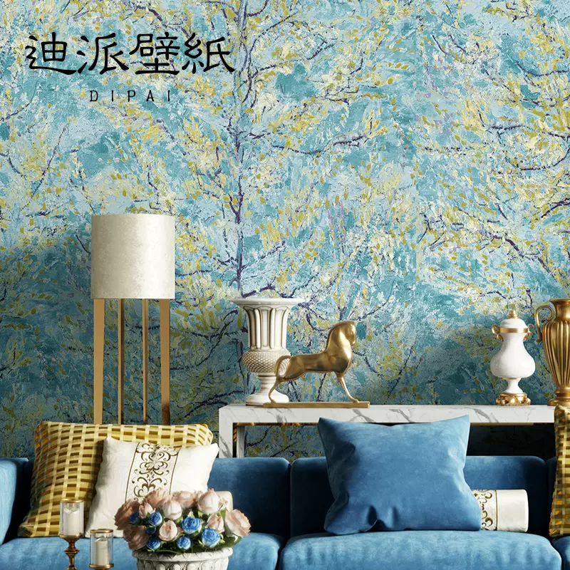 北歐藍色抽象藝術油畫壁紙梵高桃花臥室客廳電視背景牆壁紙