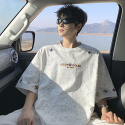 American-Style High-End Trendy Retro Tie-Dye Embroidered Heavy Cotton Short-Sleeve T-Shirt for Men, Summer Loose and Cool Top