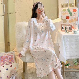 Nightgown for women in spring and autumn pure cotton long-sleeved princess style cute student pajamas home clothes loose maternity dress
