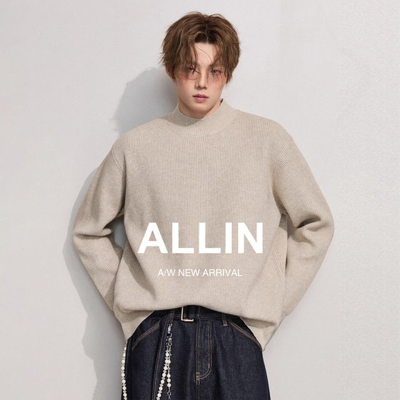 
ALLIN half-turtleneck sweater for boys in spring and autumn, mid-collar warm sweater, lazy style couple knitted bottoming shirt