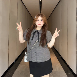 Plus-Size French-Style Sweet Plaid Shirt for Women, Summer Design, Niche Shirt, Slimming and Beautiful Unique Top for Chubby Girls
