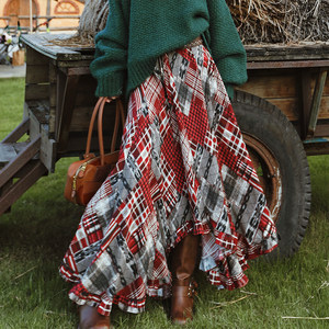 
Maisu original <Grand Minor> retro Scottish plaid design irregular skirt autumn long skirt