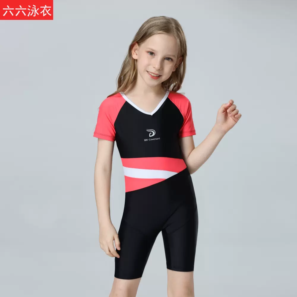 女童專業學遊泳衣防曬短袖學生大尺碼連身有袖保暖加肥加大溫泉泳裝-Taobao