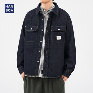
hansca American denim jacket men 2025 autumn new loose lapel work jacket multi-pocket shirt men