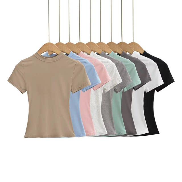 Little Ru hot girl Kardashian's round neck short-sleeved T-shirt in summer slim tight stretch short base top