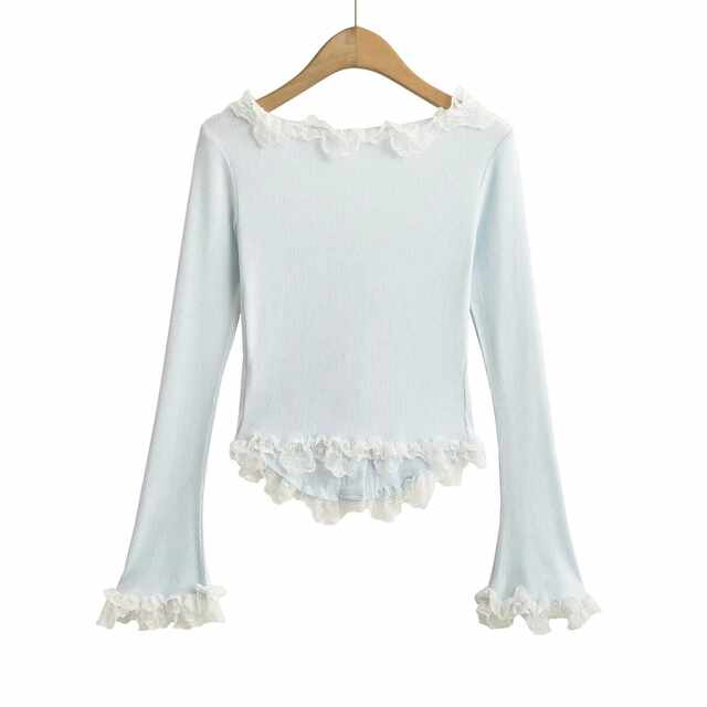 Xiaoru European and American grinding lace long-sleeved top sweet and fresh blue thin velvet slim and versatile base shirt