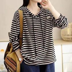 New Plus-Size Women's Clothing, Age-Reducing and Body-Covering, 2026 Spring and Autumn Striped Hooded Sweatshirt, Striped T-Shirt, Base Layer Top