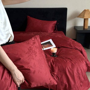 
Simple 100S long velvet cotton jacquard wedding four-piece set red cotton sheet quilt cover pure cotton wedding bedding