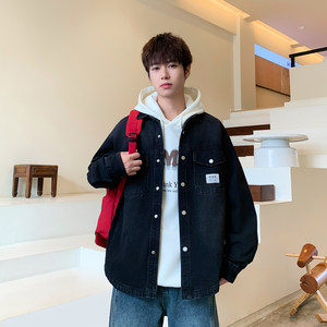 
Spring and Autumn Black Denim Jacket Men's Lapel Casual Loose Jacket Teenage Male Student Handsome Korean Top