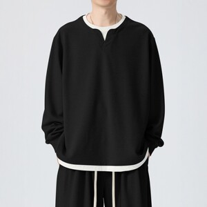 
Large size fake two-piece Henry collar sweatshirt for men 2026 new Korean version loose and versatile casual pullover inner layering shirt