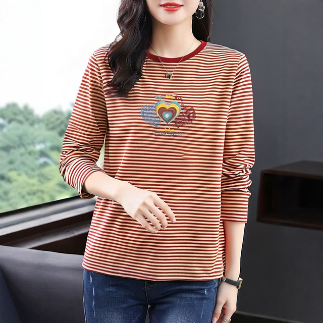 Middle-aged mother autumn long-sleeved 2025 new round neck plus fat pure cotton ladies hot selling tops striped t-shirt