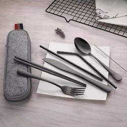 Stainless Steel Portable Tableware Student Chopsticks Spoon Set Fork Three-Piece Set Travel Tableware Single and Double Chopsticks Knife and Fork