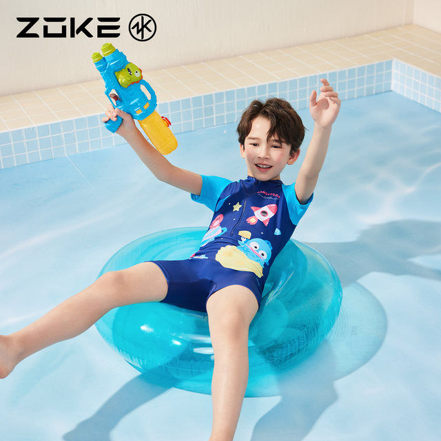 Chauke children's swimsuit one-piece boxer short-sleeved sunscreen zoke half-fish boy swimming training quick-drying middle and older children