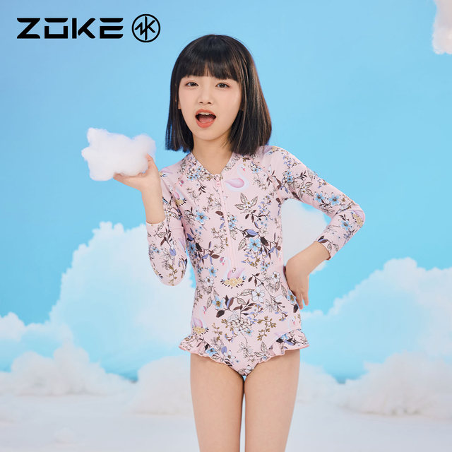 Zhouke children's swimsuit one-piece triangle long-sleeved sun protection zoke girls vacation swimming quick-drying hot spring princess swimsuit