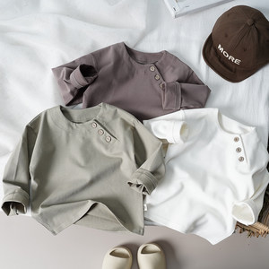 
2026 spring new children's retro loose casual long-sleeved T-shirts for men and women baby solid color round neck bottoming shirt